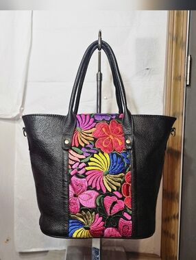 Vintage Black Tote Bag with Multicolor Floral Embroidery~ EUC